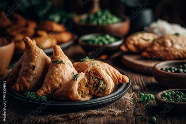 Obraz Close-up of samosas, fried stuffed pastry, with bite taken out, surrounded by peas on dark wooden table. Concept of warm atmosphere featuring samosas and rustic charm.