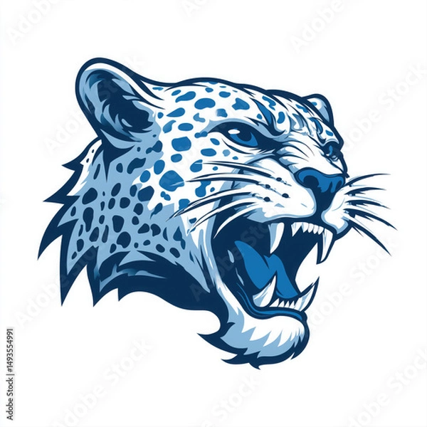 Fototapeta Vibrant Roaring Blue Leopard Head Illustration on White Background for Fierce Wildlife Branding and Merchandise.
