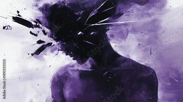 Obraz Abstract portrait of a man with exploding head in purple and white