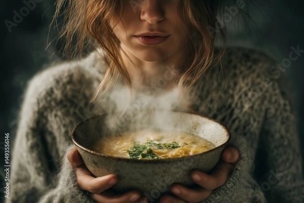 Obraz Woman holding bowl of Sopa de Ajo, Spanish garlic soup, with soft light creating warm atmosphere. Concept of enjoying Sopa de Ajo in serene, intimate setting.