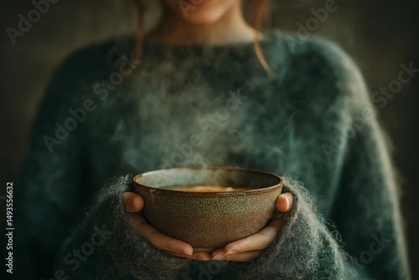 Obraz Woman's hands holding bowl of steaming Sopa de Ajo, Spanish garlic soup. Concept of coziness and warmth, featuring Sopa de Ajo in serene atmosphere.