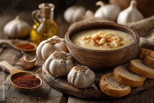 Obraz Wooden bowl filled with Sopa de Ajo, creamy Spanish garlic soup, topped with red pepper. Concept of cozy atmosphere focusing on Sopa de Ajo with garlic, bread, olive oil, spice.