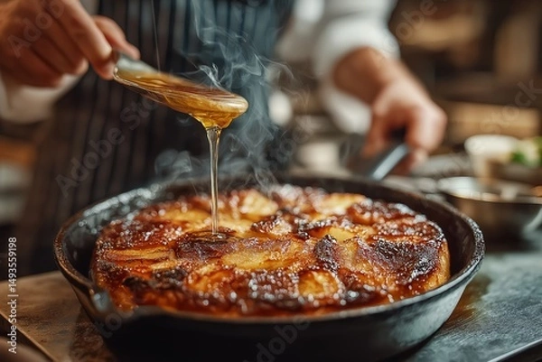 Obraz Tarte Tatin, French upside-down tart topped with honey in cast iron skillet. Concept of Tarte Tatin highlighting culinary artistry and warm flavors of dessert.