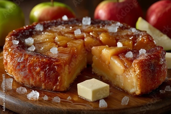 Obraz Tarte Tatin with golden brown caramelized apples on wooden plate, warm cozy atmosphere. Concept of Tarte Tatin highlighting French upside-down tart's flan-like texture.