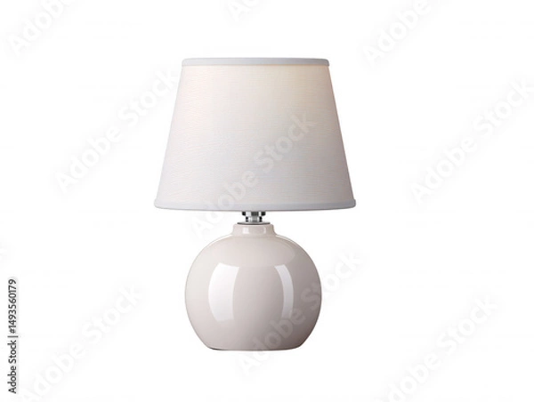 Obraz A white ceramic table lamp with a cone shaped lampshade is illuminated on a bright white background creating soft, ambient lighting in a clean presentation.