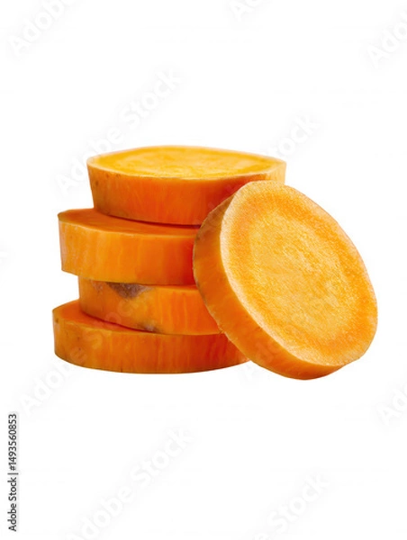 Obraz Sliced sweet potatoes are neatly stacked on a white surface, showcasing the vibrant orange hue and fresh texture of the root vegetable in close-up detail.