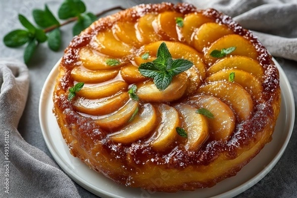 Obraz Tarte Tatin, French upside-down tart with golden-brown caramelized fruit atop. Concept of elegant Tarte Tatin showcases delightful dessert presentation on light surface.