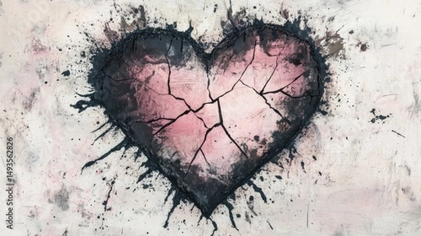 Obraz Cracked heart with black paint splatters on textured white background