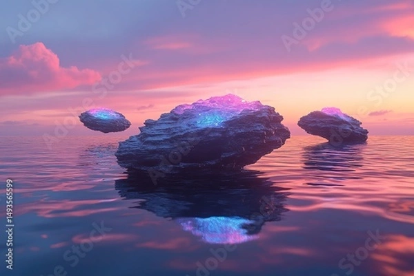 Fototapeta Retro-futuristic mesas floating over a glowing obsidian ocean