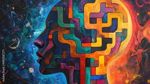 Obraz Abstract painting of a human head filled with colorful maze patterns
