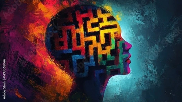 Fototapeta Abstract head with maze pattern on colorful artistic background