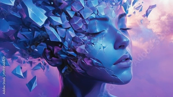 Obraz Abstract portrait of a woman with shattered face against dreamy sky