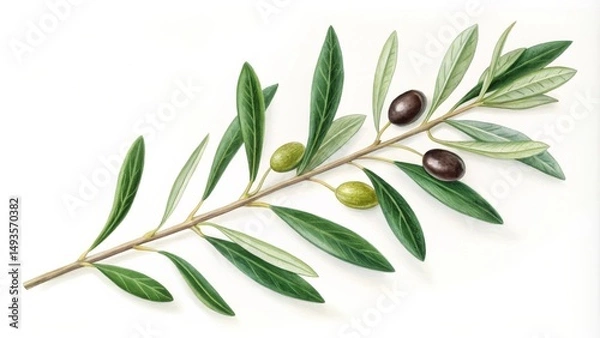Obraz Olive Branch with Green and Black Olives, Watercolor Painting , Botany