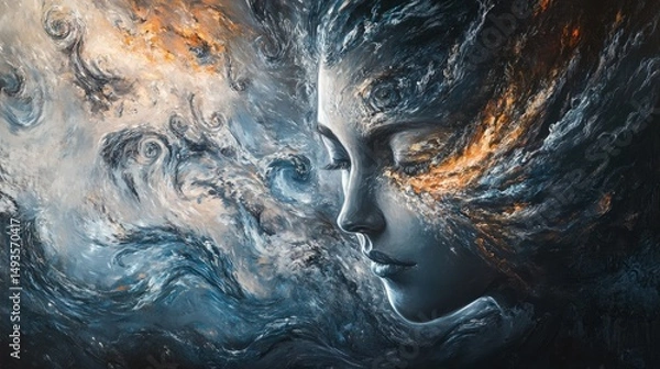 Obraz Abstract painting of a woman's face merging with swirling clouds