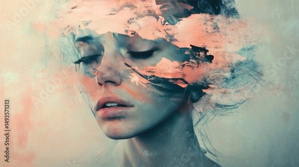 Obraz Artistic portrait of a woman with abstract paint strokes and soft colors