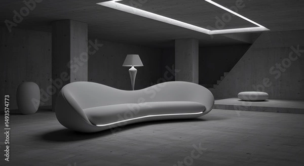 Fototapeta Futuristic Sofa Integrated in Sleek Monochrome Interior Showing Serene Quietness with Soft Lighting and Minimalist Design Perfect for Decoration