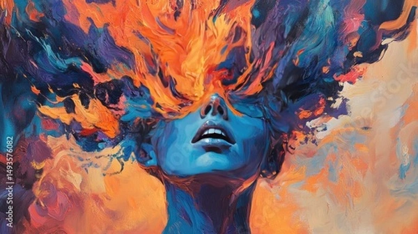Obraz Abstract painting of a woman with fiery hair and vibrant colors