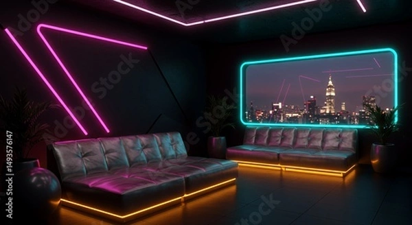 Fototapeta Futuristic Gym Recovery Zone with Neon Accents Featuring a Modular Sofa in Metallic Hues and Hightech Energized Atmosphere