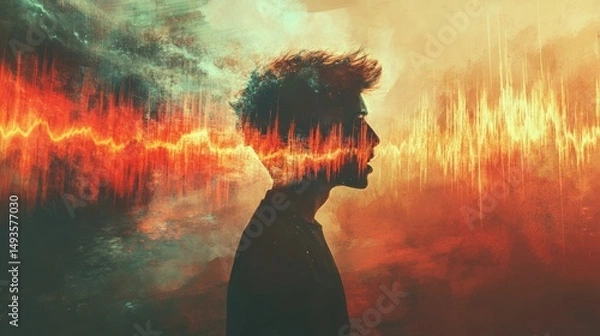 Obraz Abstract portrait of man with sound wave overlay on artistic background