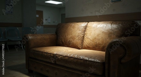 Fototapeta Worn Leather Sofa in a Dimly Lit Hospital Waiting Room Evoking Quiet Contemplation with a Desaturated Vintage Color Palette