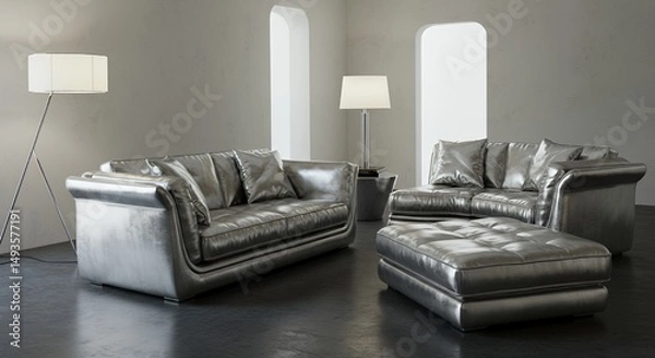 Fototapeta Futuristic Chrome Silver Sofa Set in Minimalist Hotel Room with Sleek Design and Contemporary Vibes