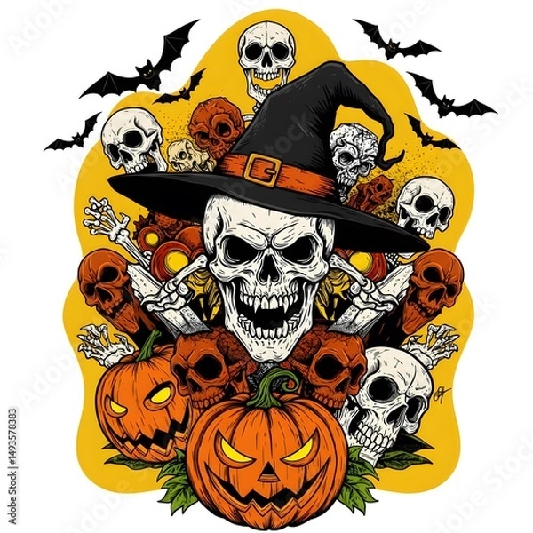 Fototapeta A Halloween-themed graphic with a central skull wearing a witch's hat, surrounded by other skulls, pumpkins, bats, and skeleton hands, all set against a yellow background.