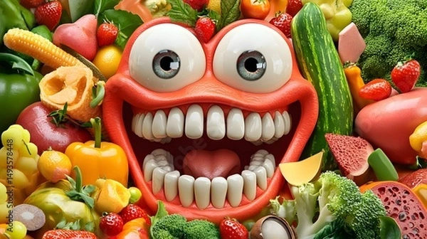 Fototapeta Fruit and vegetable  composition with a happy face.