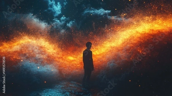 Obraz Silhouette in a surreal fiery and celestial landscape at night