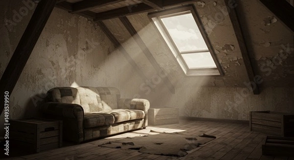 Fototapeta Dilapidated Sundrenched Attic Bedroom with a Worn Patchwork Sofa Conveying Melancholic and Nostalgic Feelings Through Sepia Tones