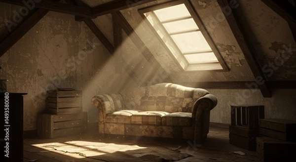 Fototapeta Dilapidated Sundrenched Attic Bedroom with Worn Patchwork Sofa in Sepia Tones