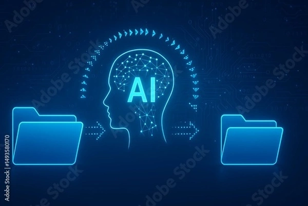 Fototapeta Ai data transfer concept with folder icons and human head on a blue background