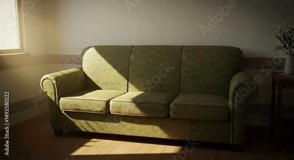 Fototapeta Worn Comfortable Sofa in Hospital Waiting Room Bathed in Muted Earth Tones and Soft Sunlight