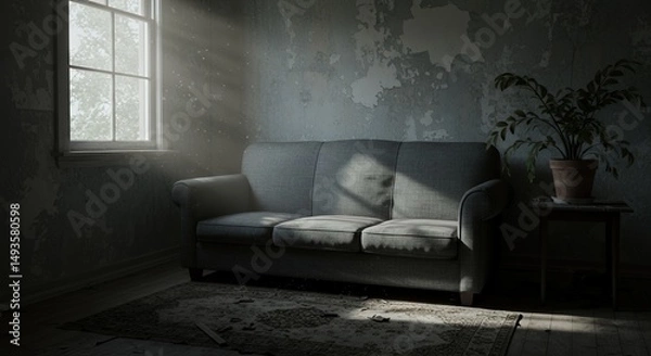 Fototapeta Dilapidated Home Interior with Grungy Grey Sofa and Sunlight Piercing Through Window in Monochrome