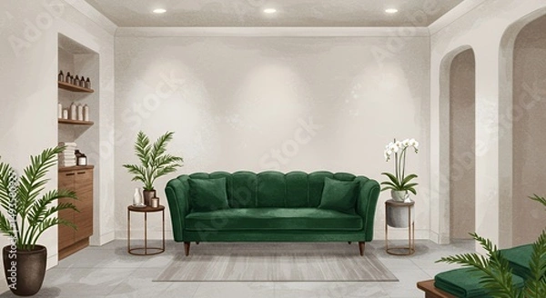 Fototapeta Elegant Emerald Green Sofa in Calming Watercolor Spa Relaxation Area