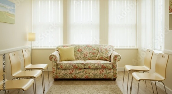 Fototapeta Welcoming Waiting Area with Floral Sofa and Natural Light in Muted Tones Featuring Multiple Chairs and Soft Ambient Light Perfect for Home Decor And Interior Design