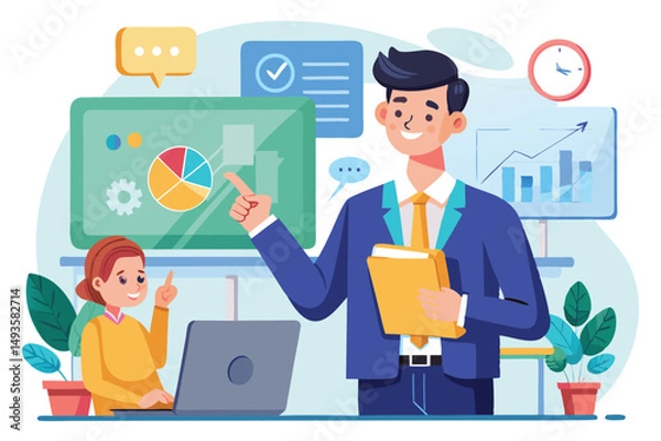 Obraz Professional business meeting with a man and a girl discussing data analysis and presentation in a bright office environment