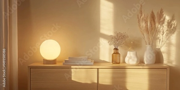 Fototapeta Serene Home Decor: Warm Light, Natural Elements, and Wooden Accents