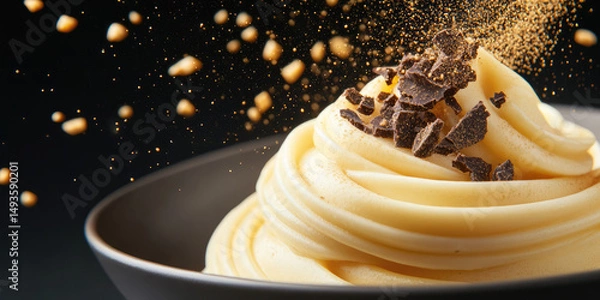 Fototapeta A swirl of creamy dessert topped with chocolate shavings and dusted with crumbs in a bowl. Gourmet dessert creation, indulgence, artistry in presentation
