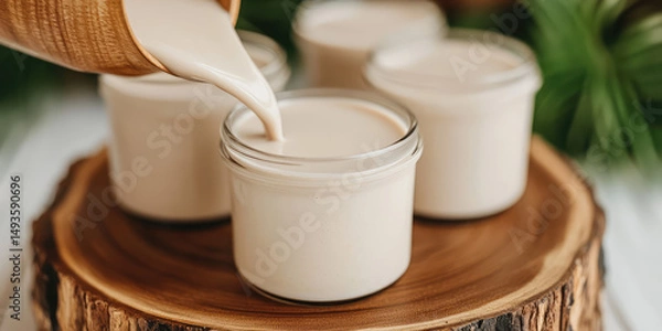 Fototapeta Four jars filled with a creamy liquid are placed on a wooden slab with cream being poured into one jar. Concept: Fresh, natural, culinary, rustic presentation