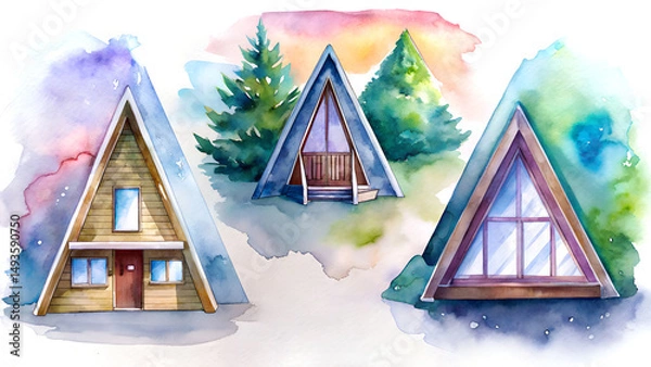 Fototapeta Three Watercolor A Frame Cabin Illustrations with Trees and Colorful Background