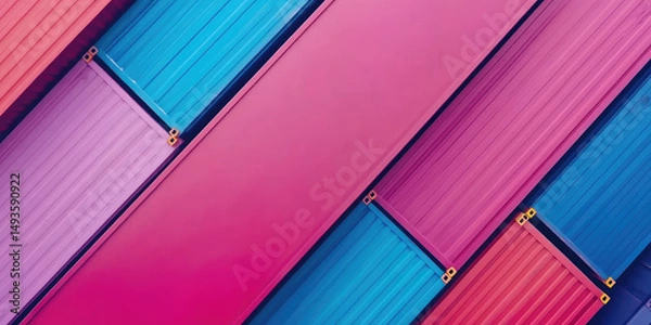 Fototapeta Colorful shipping containers are stacked diagonally in a symmetrical pattern. The general concept is vibrant industrial design