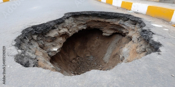 Fototapeta A large sinkhole is in the middle of a paved road, surrounded by road markings. Urban infrastructure, danger, and road issues