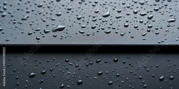 Fototapeta Water droplets are scattered on a black surface creating a pattern. Clean and fresh texture
