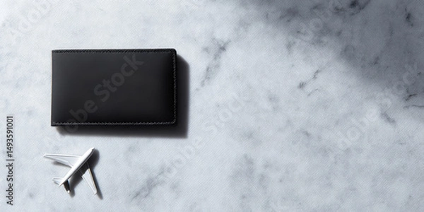 Fototapeta Black wallet and small airplane toy on a marbled surface. Simplicity and travel