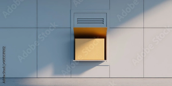 Fototapeta A square, wooden box protrudes from a wall compartment with an open panel. Minimalist design, geometric shapes