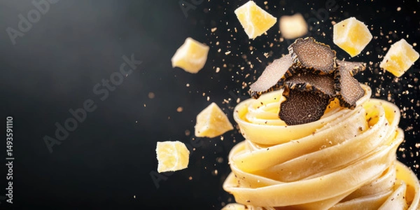 Fototapeta Fettuccine pasta is stacked with truffle slices on top, surrounded by floating cheese cubes. Gourmet dish, culinary elegance