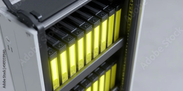 Fototapeta Server rack filled with yellow-lit battery cells arranged in vertical slots. Technology and energy storage concept