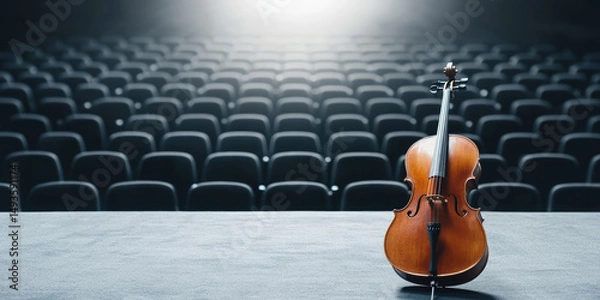 Fototapeta A violin sits on a stage with empty rows of seats in the background. Musical performance, anticipation, empty theater