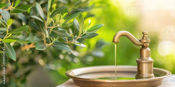 Fototapeta A brass faucet pours a golden liquid into a shallow dish, surrounded by lush green leaves. Concept: Nature, purity, and abundance