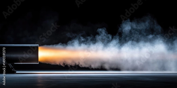 Fototapeta Jet engine releasing flames and smoke horizontally across a dark environment. Concept: power, technology, engineering